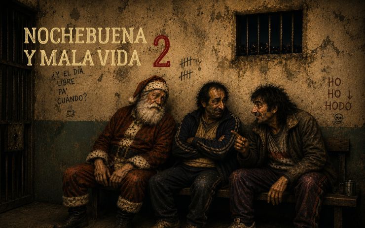 Papá Noel conversa con dos hombres marginados en un banco de un barrio degradado durante la Nochebuena. Cabecera de "Nochebuena y mala vida 2", un relato navideño sobre marginalidad, humor negro, pobreza, amistad y crítica social.
