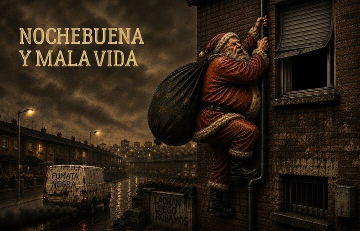 Papá Noel trepa por la fachada de un edificio humilde durante una Nochebuena lluviosa mientras un barrio obrero permanece en silencio. Cabecera de "Nochebuena y mala vida", un relato de Navidad sobre marginalidad, humor negro, delincuencia y crítica social.