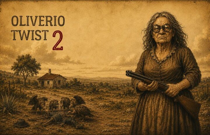 Una anciana sostiene una escopeta frente a una casa de campo mientras varios buitres rodean un cadáver en un paisaje rural. Cabecera de "Oliverio Twist 2", una parodia escatológica sobre la España rural, el humor negro y la sátira literaria.