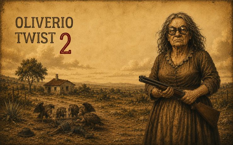 Una anciana sostiene una escopeta frente a una casa de campo mientras varios buitres rodean un cadáver en un paisaje rural. Cabecera de "Oliverio Twist 2", una parodia escatológica sobre la España rural, el humor negro y la sátira literaria.
