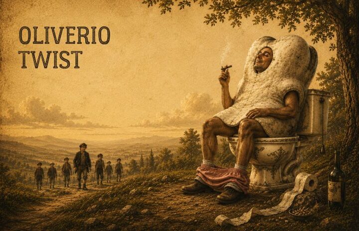 Un hombre disfrazado de muela fuma sentado en un retrete al aire libre mientras varios niños avanzan por un camino rural. Cabecera de "Oliverio Twist", un relato de humor escatológico, parodia literaria y sátira rural.
