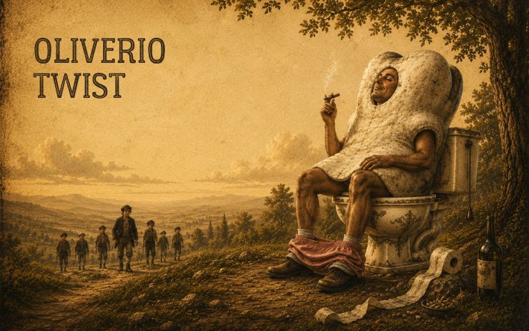 Un hombre disfrazado de muela fuma sentado en un retrete al aire libre mientras varios niños avanzan por un camino rural. Cabecera de "Oliverio Twist", un relato de humor escatológico, parodia literaria y sátira rural.