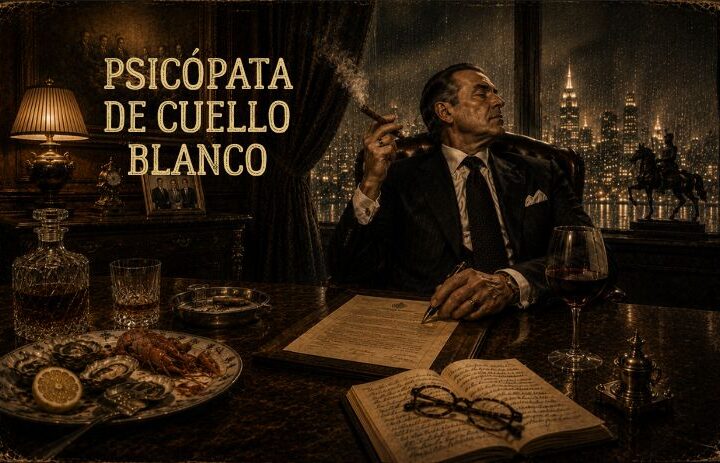 Ilustración de un psicópata de cuello blanco sentado en un lujoso despacho mientras fuma un puro frente al skyline de una gran ciudad. Cabecera del relato satírico sobre corrupción, poder, manipulación y delincuencia de las élites.