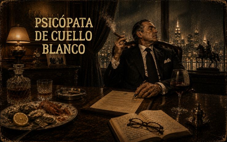 Ilustración de un psicópata de cuello blanco sentado en un lujoso despacho mientras fuma un puro frente al skyline de una gran ciudad. Cabecera del relato satírico sobre corrupción, poder, manipulación y delincuencia de las élites.