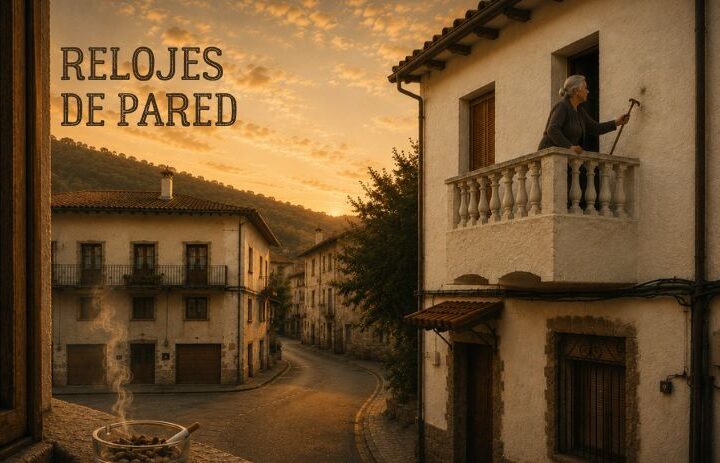 Una anciana rasca la pared desde el balcón de una casa mientras el atardecer cae sobre un pueblo tranquilo. Cabecera de "Relojes de pared", un relato sobre rutina, sueños rotos, alienación cotidiana y conflicto familiar.