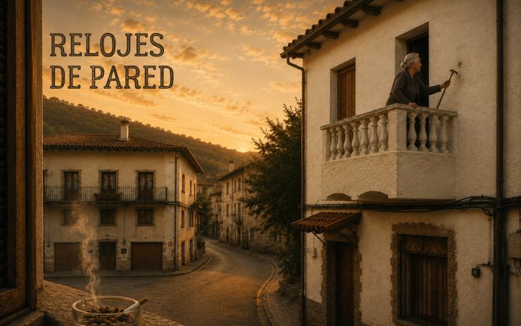 Una anciana rasca la pared desde el balcón de una casa mientras el atardecer cae sobre un pueblo tranquilo. Cabecera de "Relojes de pared", un relato sobre rutina, sueños rotos, alienación cotidiana y conflicto familiar.