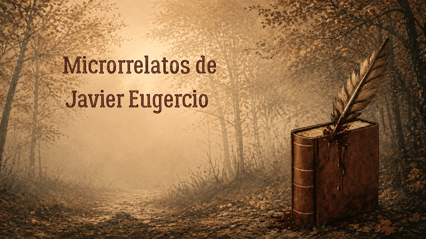 Libro antiguo de microrrelatos atravesado por una pluma ensangrentada junto a un sendero brumoso en un bosque otoñal