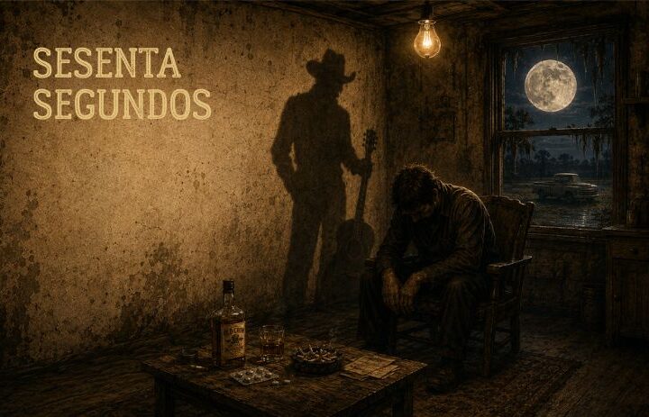 Ilustración de un hombre derrotado en una habitación oscura junto a la sombra de un pistolero. Cabecera de "Sesenta segundos", un relato de gótico sureño con realismo sucio, violencia moral y atmósfera rural decadente.