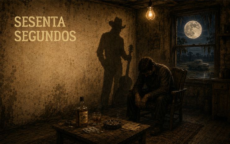 Ilustración de un hombre derrotado en una habitación oscura junto a la sombra de un pistolero. Cabecera de "Sesenta segundos", un relato de gótico sureño con realismo sucio, violencia moral y atmósfera rural decadente.
