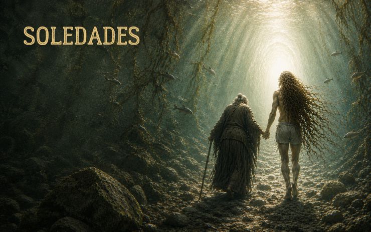 Anciana y joven caminan de la mano hacia una intensa luz al final de un sendero rocoso. Cabecera de "Soledades", un relato dramático sobre soledad, compasión, vejez, muerte y esperanza.