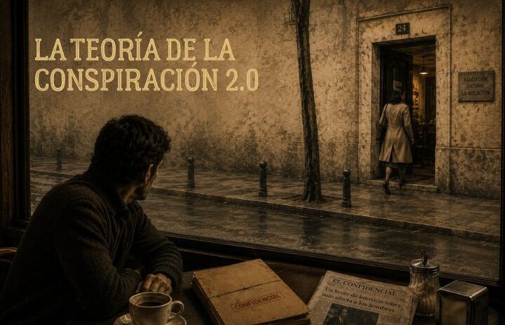 Un hombre observa desde la ventana de una cafetería cómo una mujer entra en un edificio mientras varios documentos reposan sobre la mesa. Cabecera de "La teoría de la conspiración 2.0", un relato distópico sobre paranoia, conspiraciones, miedo y guerra entre sexos.